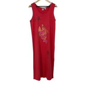 WEK‎ Womens Vintage Coral Cotton Fish Starfish Graphic Maxi Dress Resort Beach